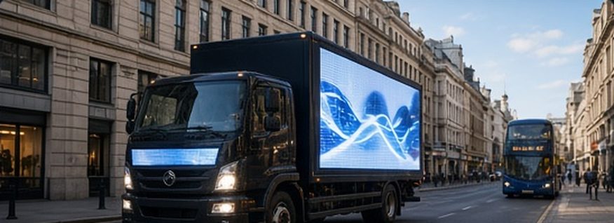 Digital advertising van on a busy city street in daylight with a bus behind