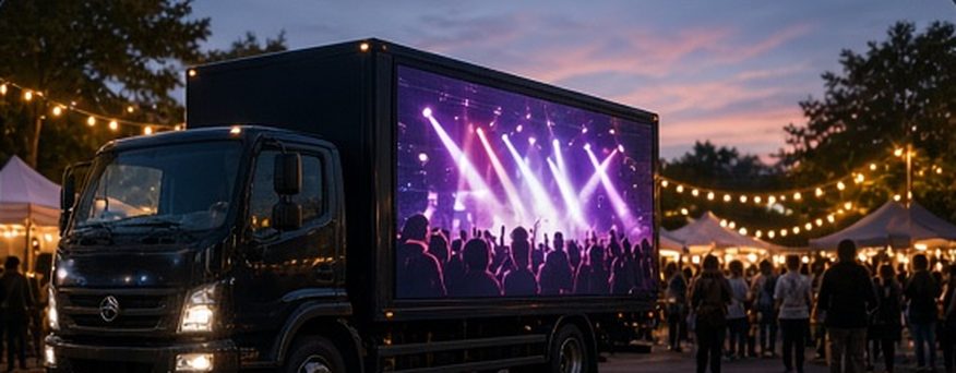 Digital advertising van showing a concert advert beside a festival crowd