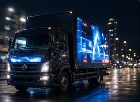 LED advertising van lit up on a city centre street at night