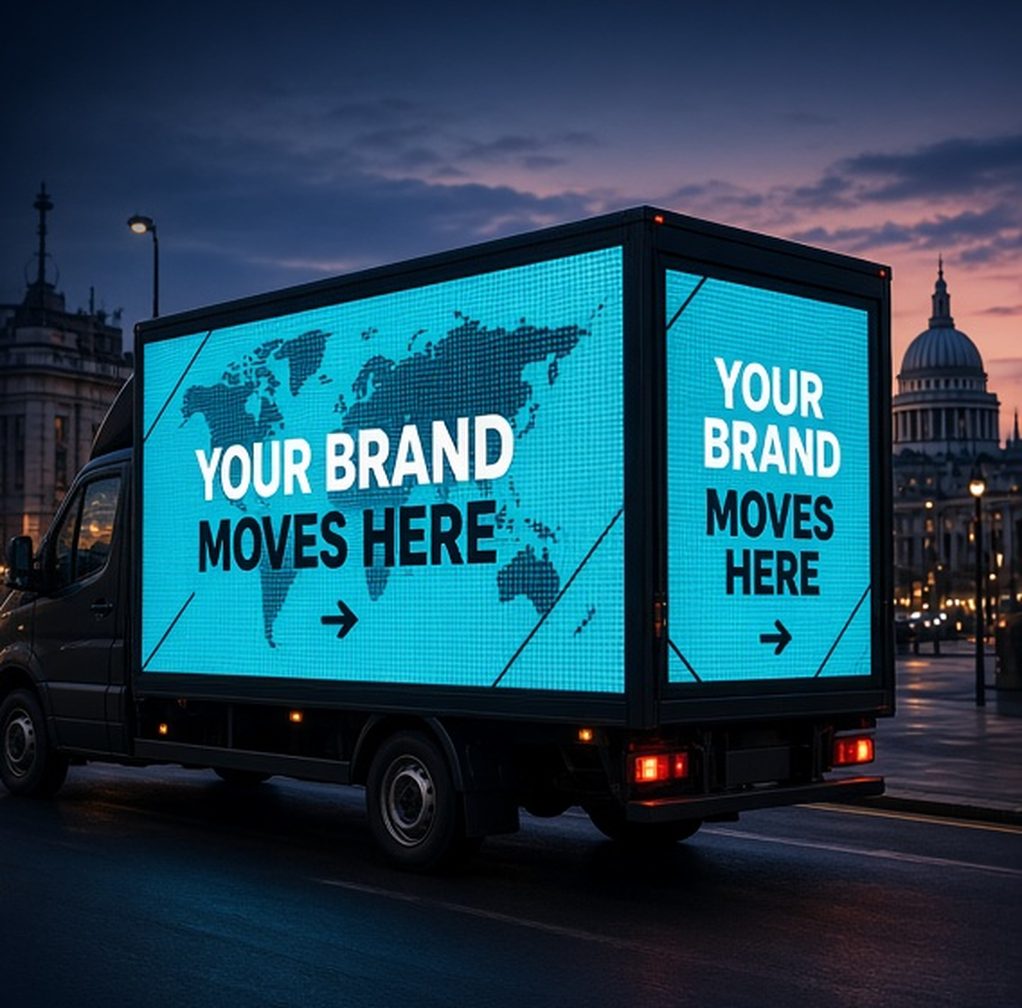 Digital LED advertising van with twin screens on a city street at night