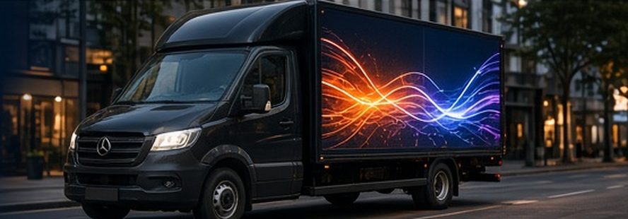 Digital advertising van with a lit screen at dusk
